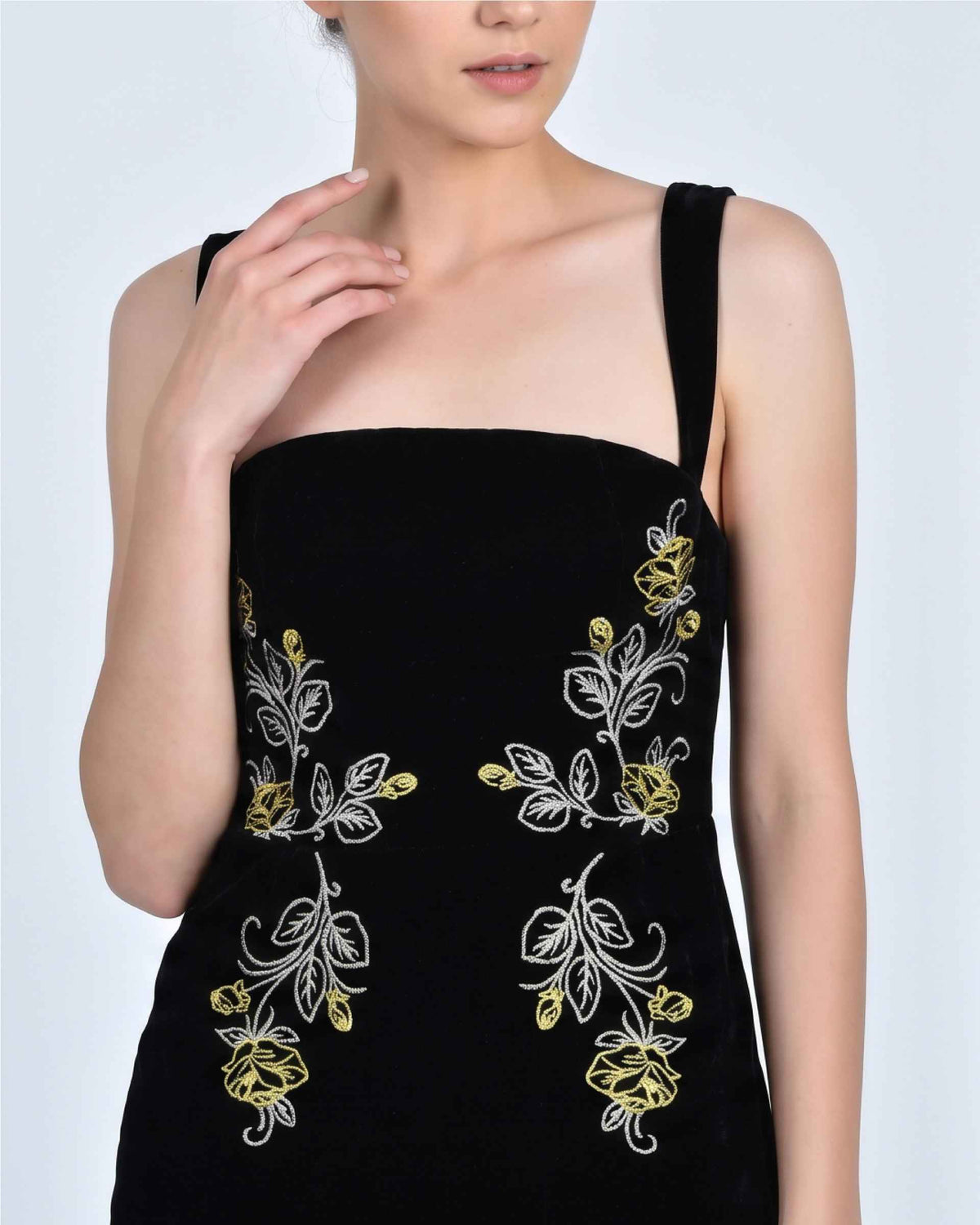 Fanm Mon Meltem Dress detail featuring intricate gold and silver rose embroidery across the velvet bodice and waist