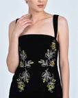 Fanm Mon Meltem Dress detail featuring intricate gold and silver rose embroidery across the velvet bodice and waist