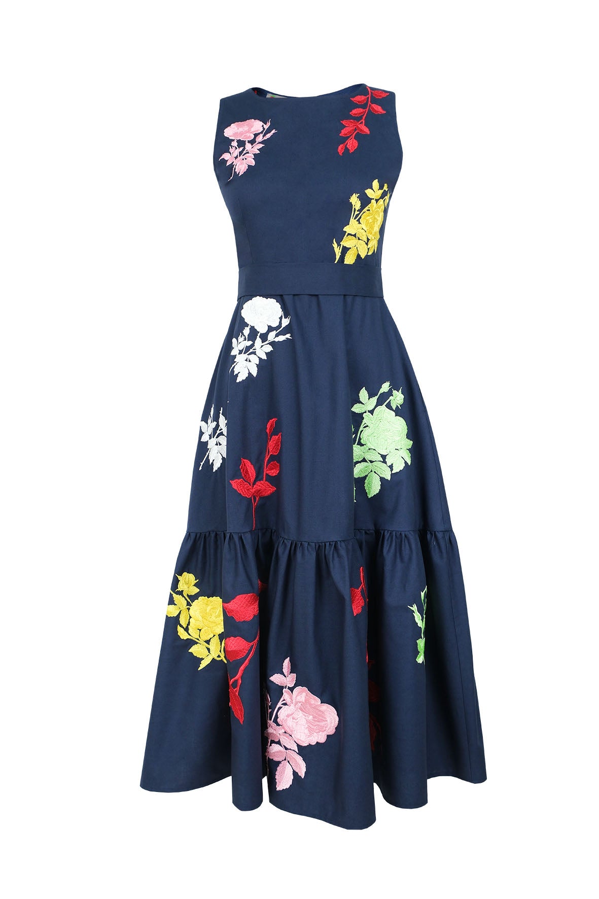 Fanm Mon Mihrap Dress with colorful botanical embroidery, defined waist and tiered midi skirt