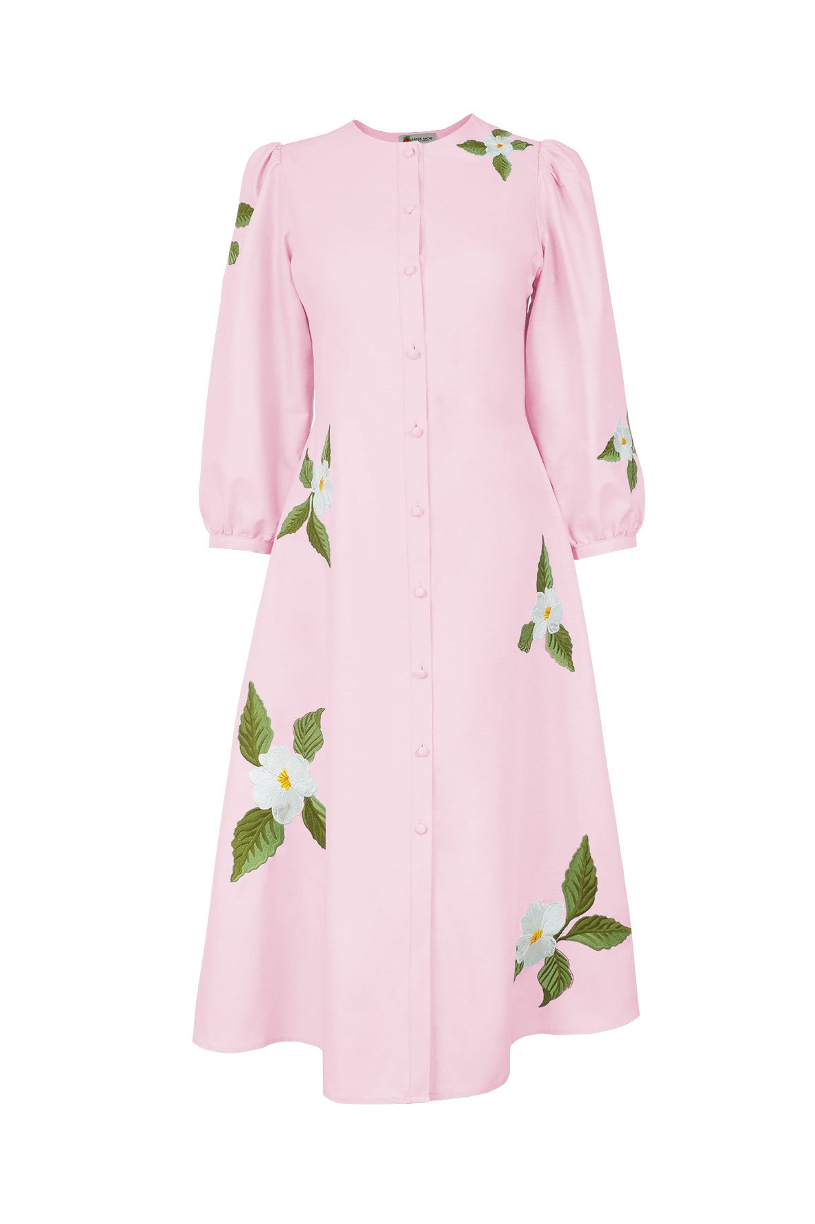 Fanm Mon Paysan Dress in light pink featuring white floral embroidery, three-quarter puff sleeves, and a button-front A-line silhouette