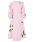 Fanm Mon Paysan Dress in light pink featuring white floral embroidery, three-quarter puff sleeves, and a button-front A-line silhouette