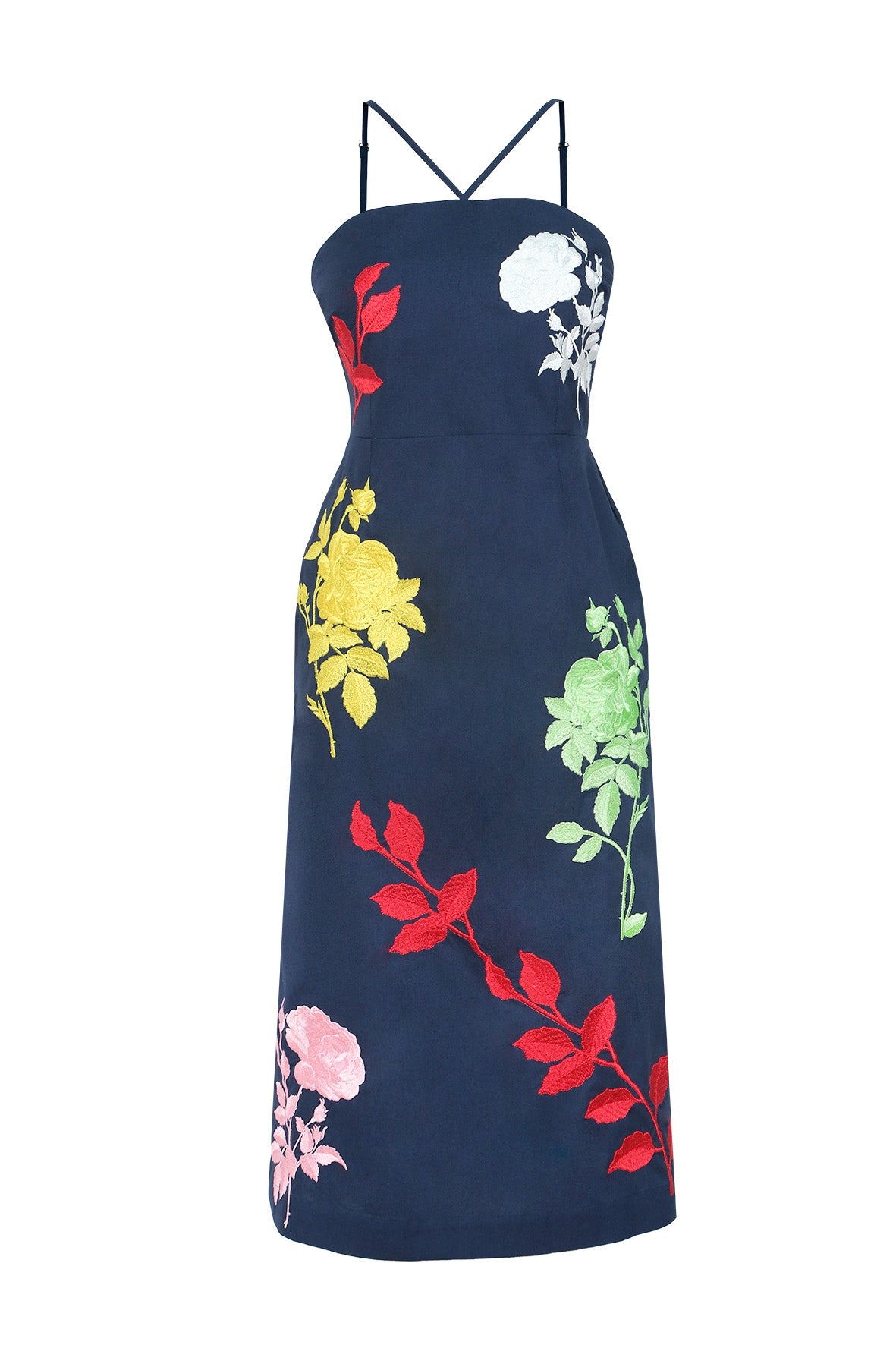 Fanm Mon Pout Dress with colorful botanical embroidery, fitted midi silhouette and crossover straps