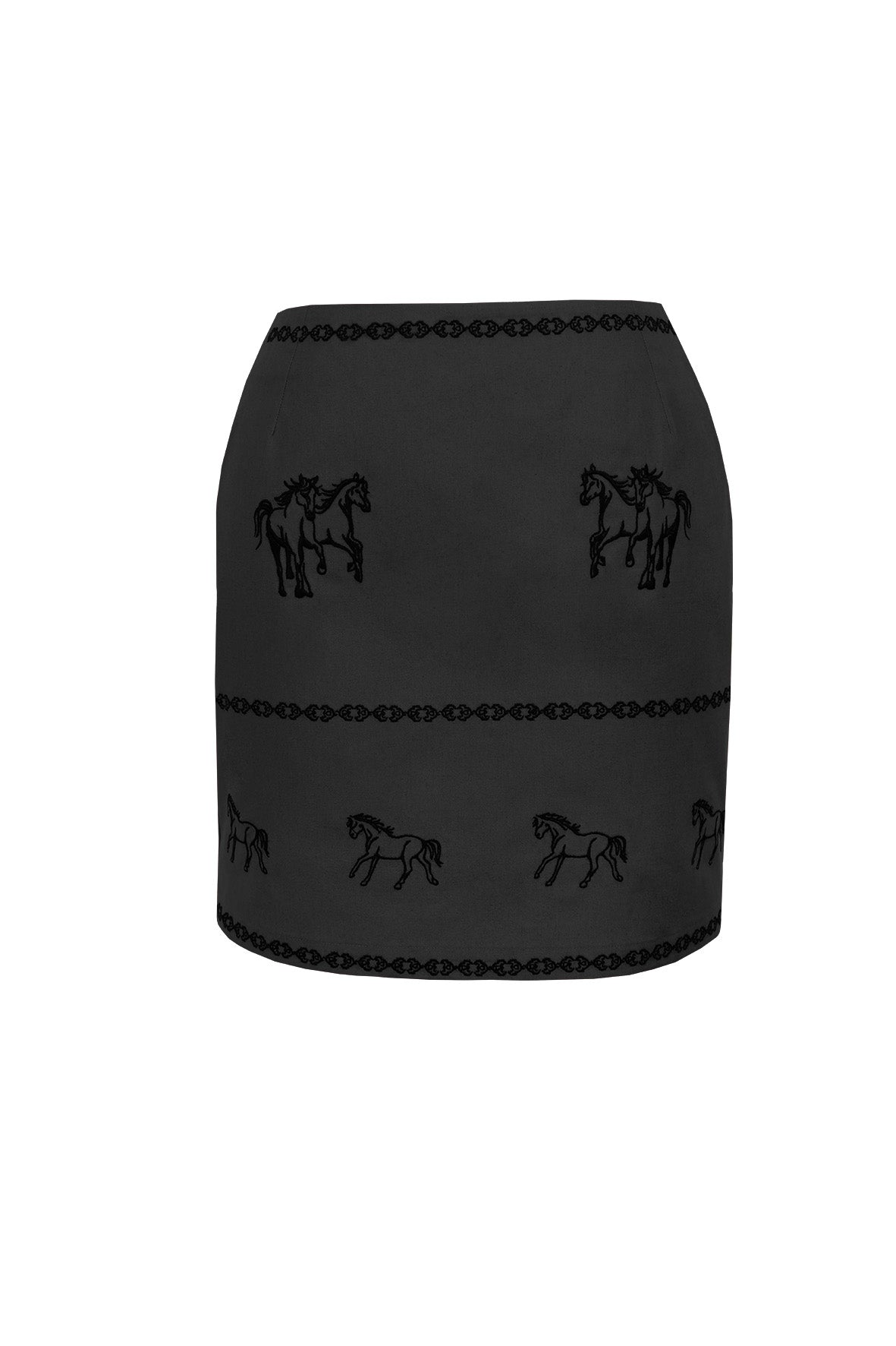 Fanm Mon Rell cotton mini skirt in black with tonal horse motifs and geometric embroidery