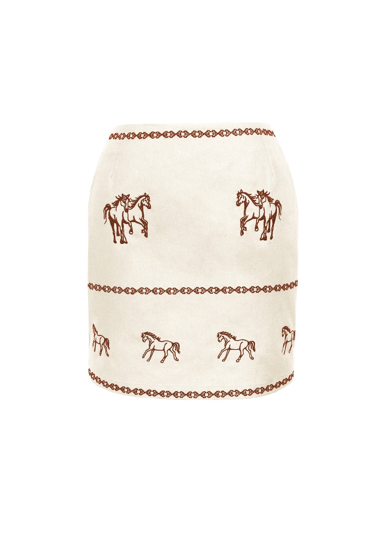 Fanm Mon Rell cotton mini skirt in cream with contrasting horse motifs and embroidered borders