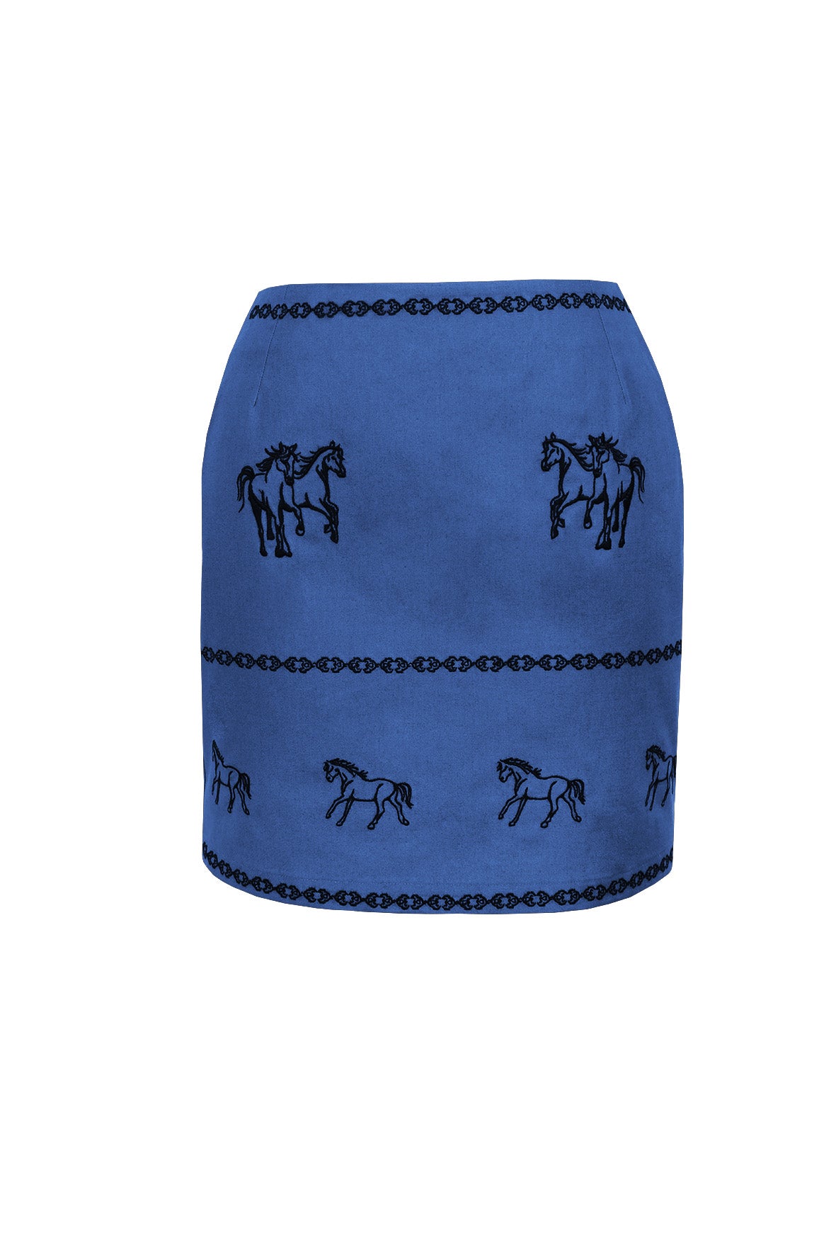 Fanm Mon Rell cotton mini skirt in deep blue with horse motifs and geometric embroidery