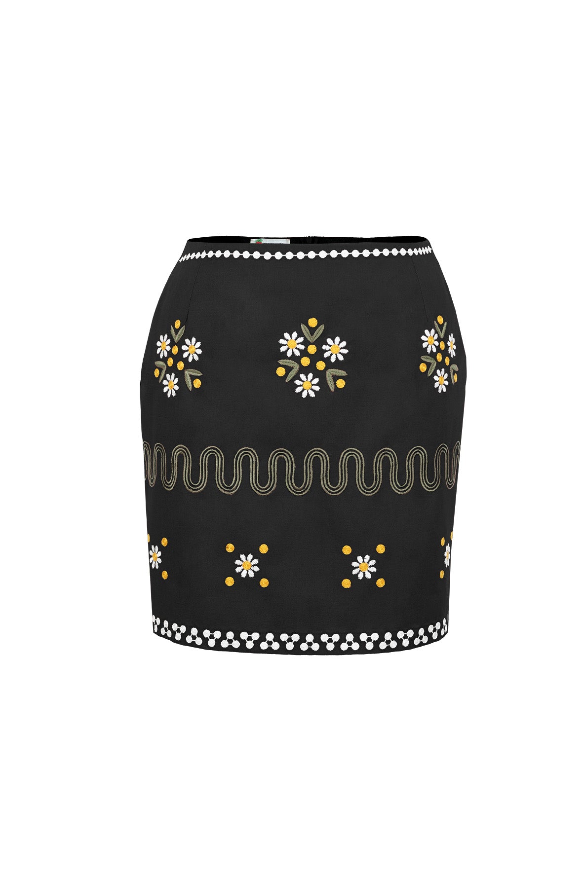 Fanm Mon Roya daisy embroidered mini skirt in black with floral motifs and decorative embroidered bands