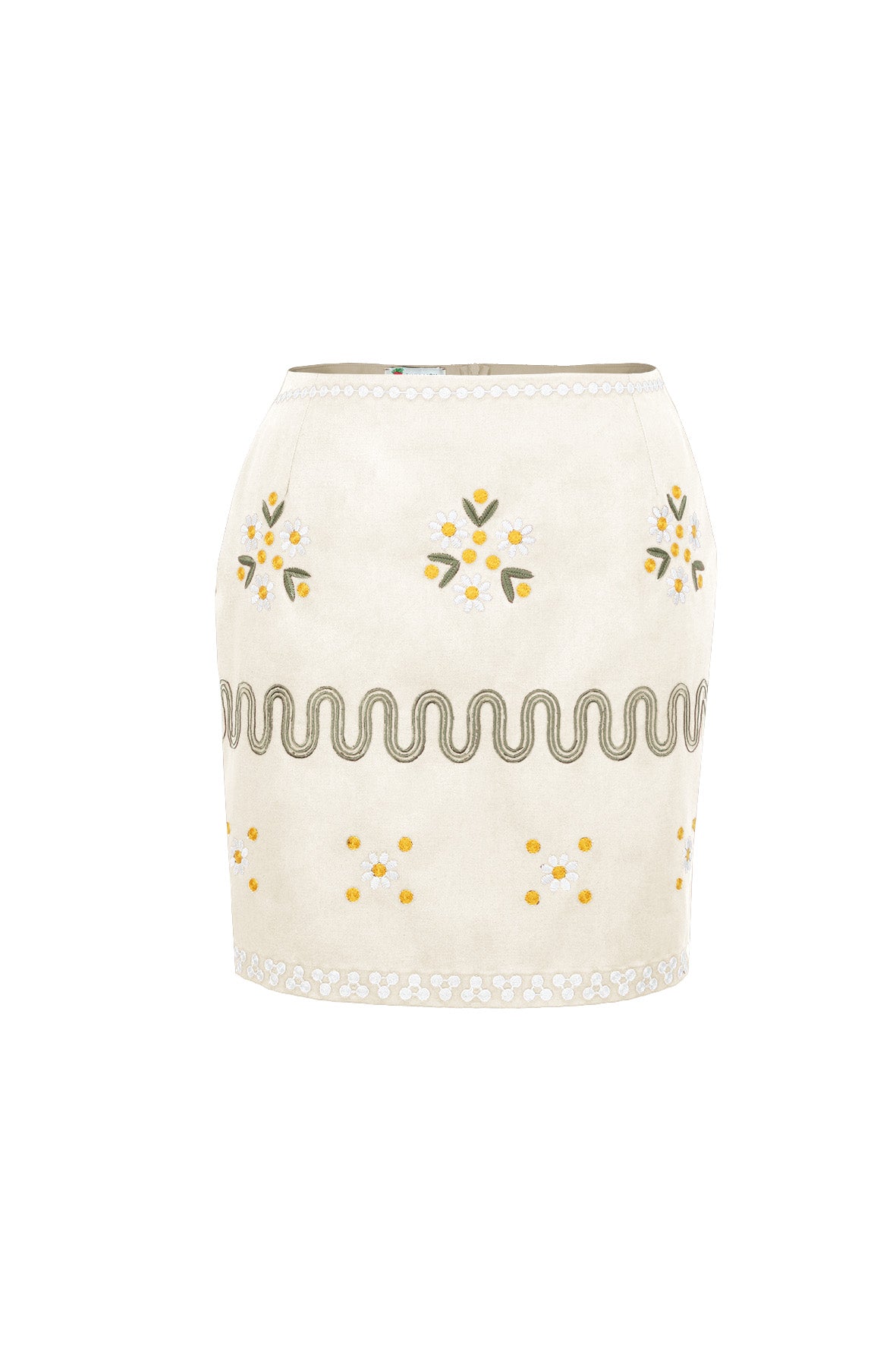 Fanm Mon Roya daisy embroidered mini skirt in cream with floral motifs and decorative embroidered bands