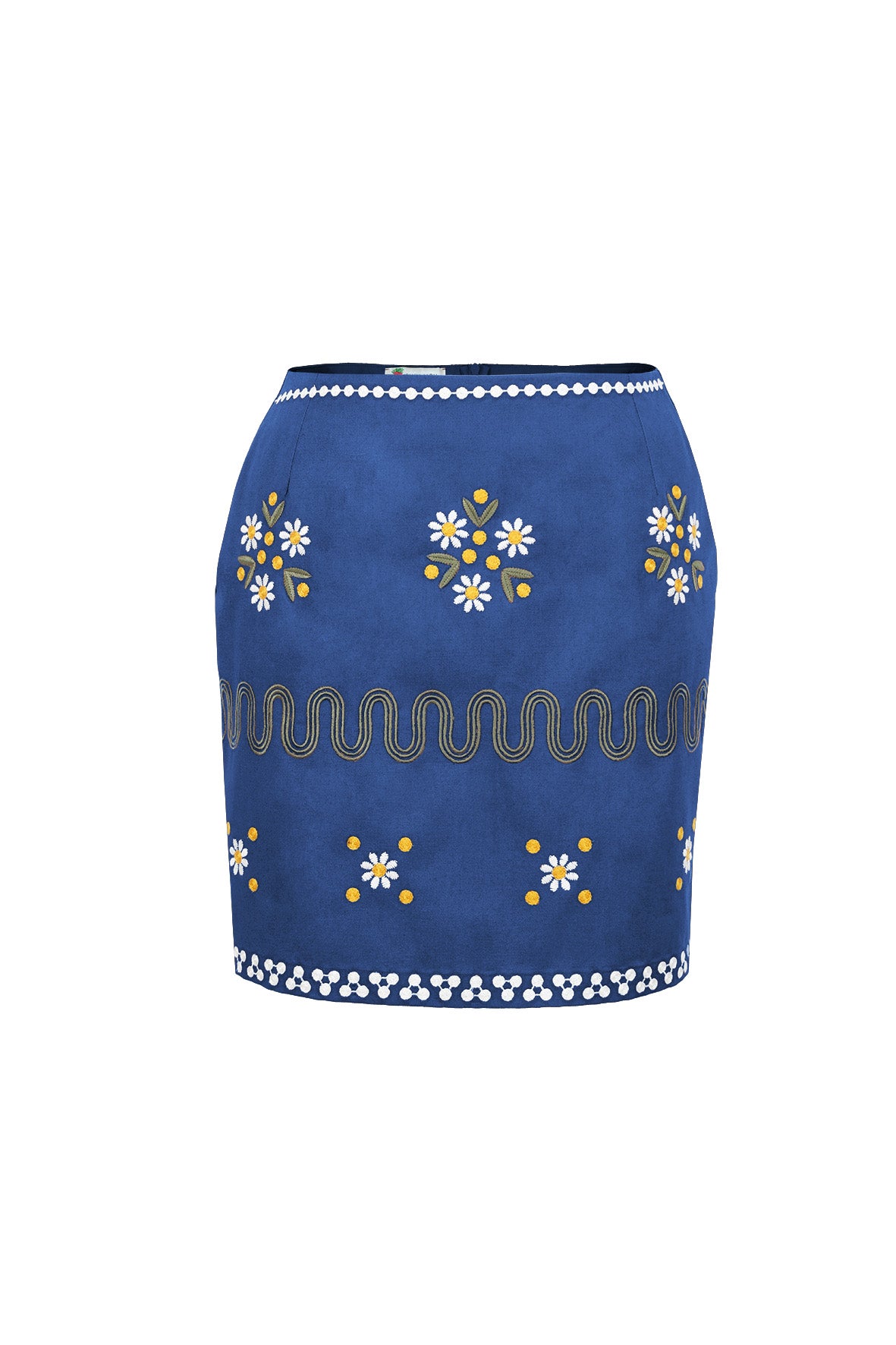 Fanm Mon Roya daisy embroidered mini skirt in deep blue with floral motifs and decorative embroidered bands