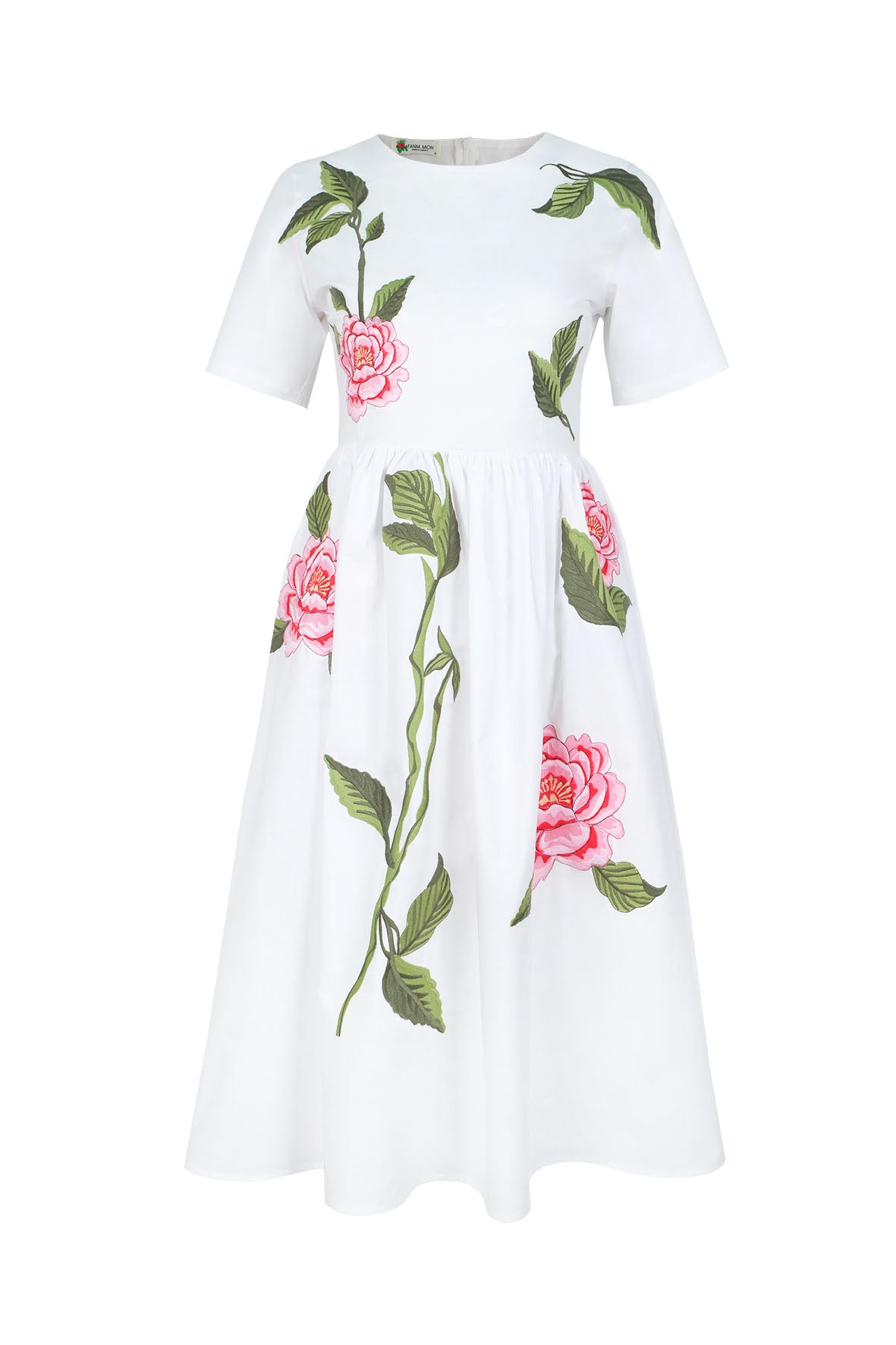 Fanm Mon Rumen Dress in white featuring a round neckline, short sleeves, fitted bodice, and oversized pink rose embroidery with green foliage across the A-line midi skirt.