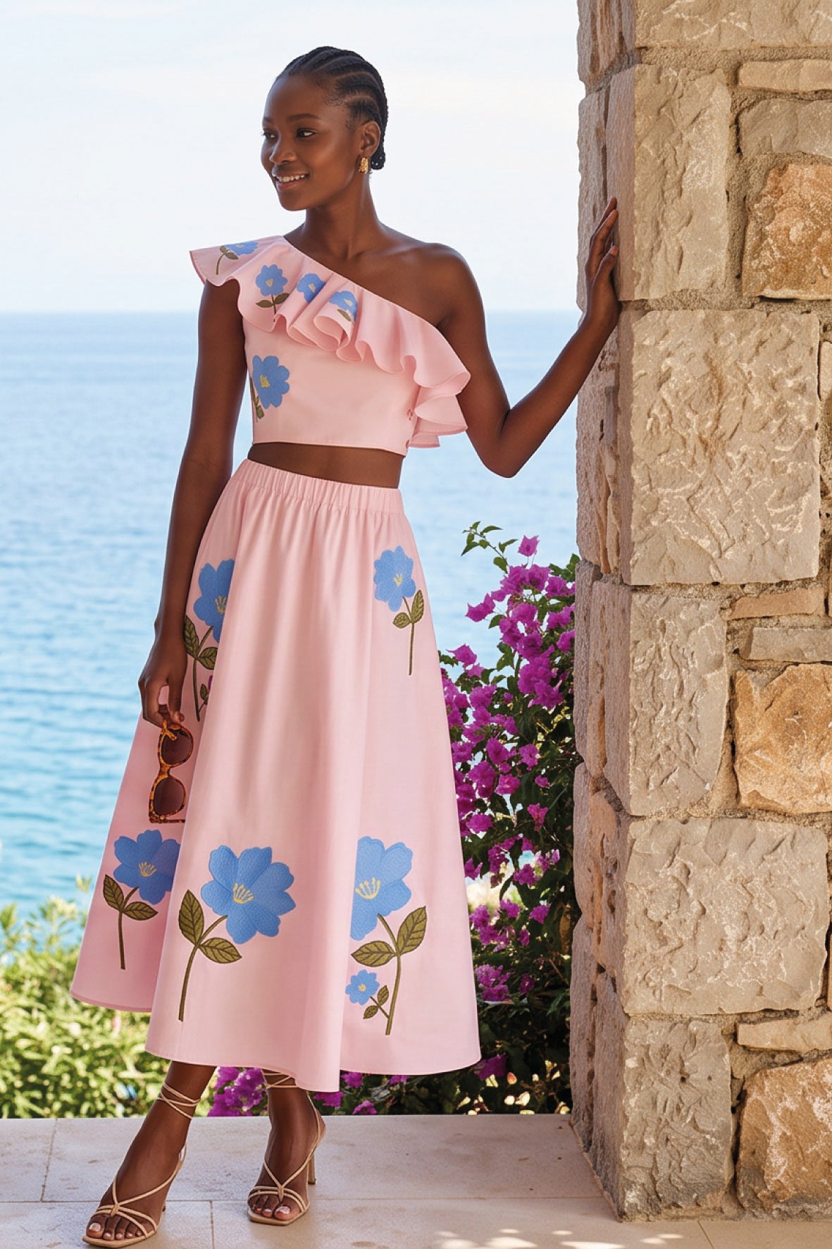 Model wearing the Fanm Mon Tamira Set in light pink featuring a one-shoulder ruffled crop top and flowing midi skirt with blue floral embroidery