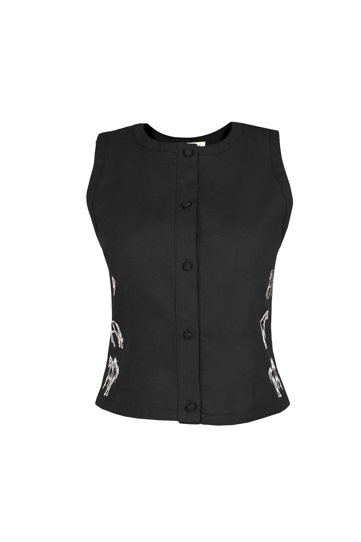 Fanm Mon Zumra horse embroidered sleeveless top in black with covered buttons