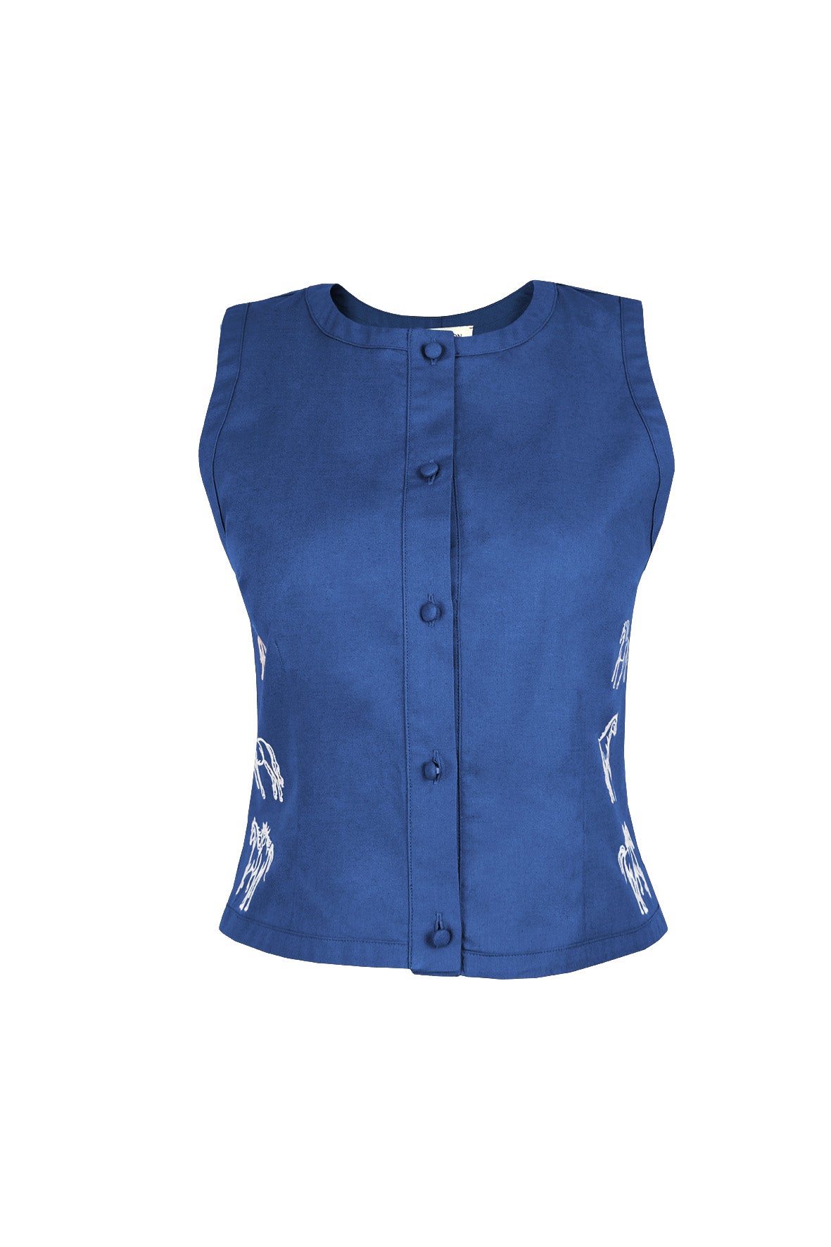 Fanm Mon Zumra horse embroidered sleeveless top in deep blue with covered buttons