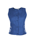 Fanm Mon Zumra horse embroidered sleeveless top in deep blue with covered buttons