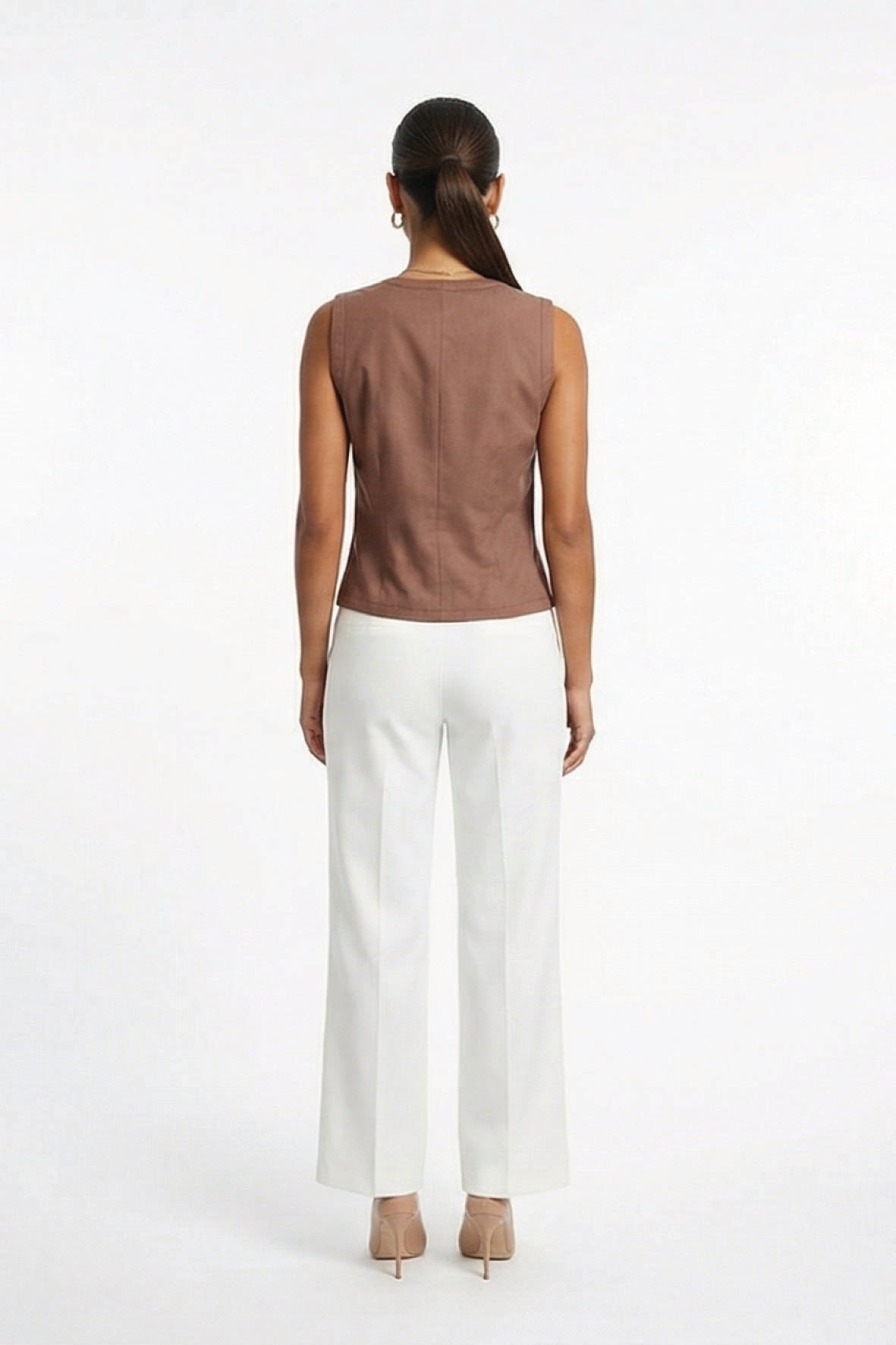 Back view of Fanm Mon Zumra Top in espresso with sleeveless fitted silhouette