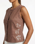 Fanm Mon Zumra Top in espresso with contrast horse embroidery detail