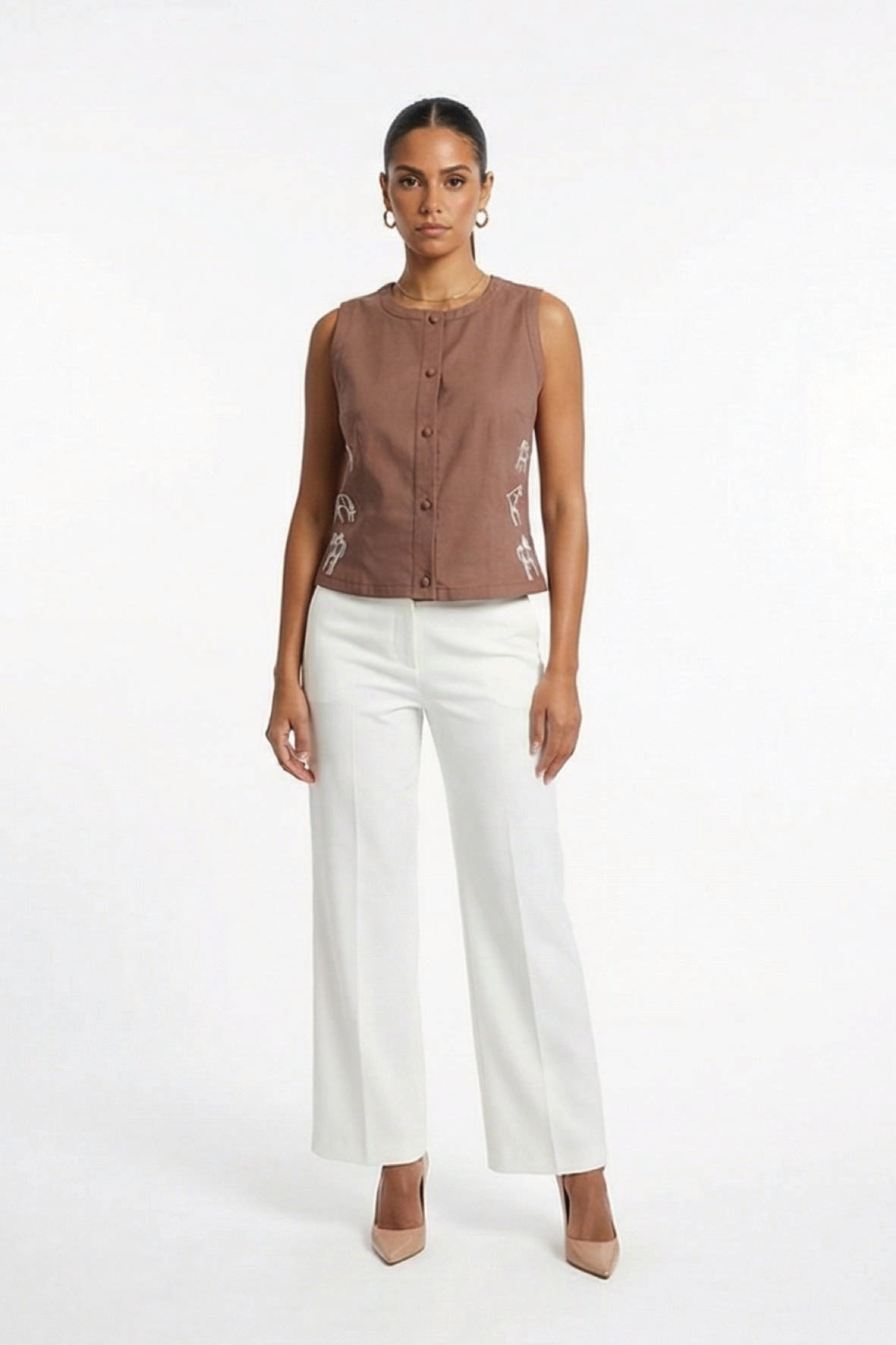 Fanm Mon Zumra horse embroidered top in espresso with button front and fitted silhouette