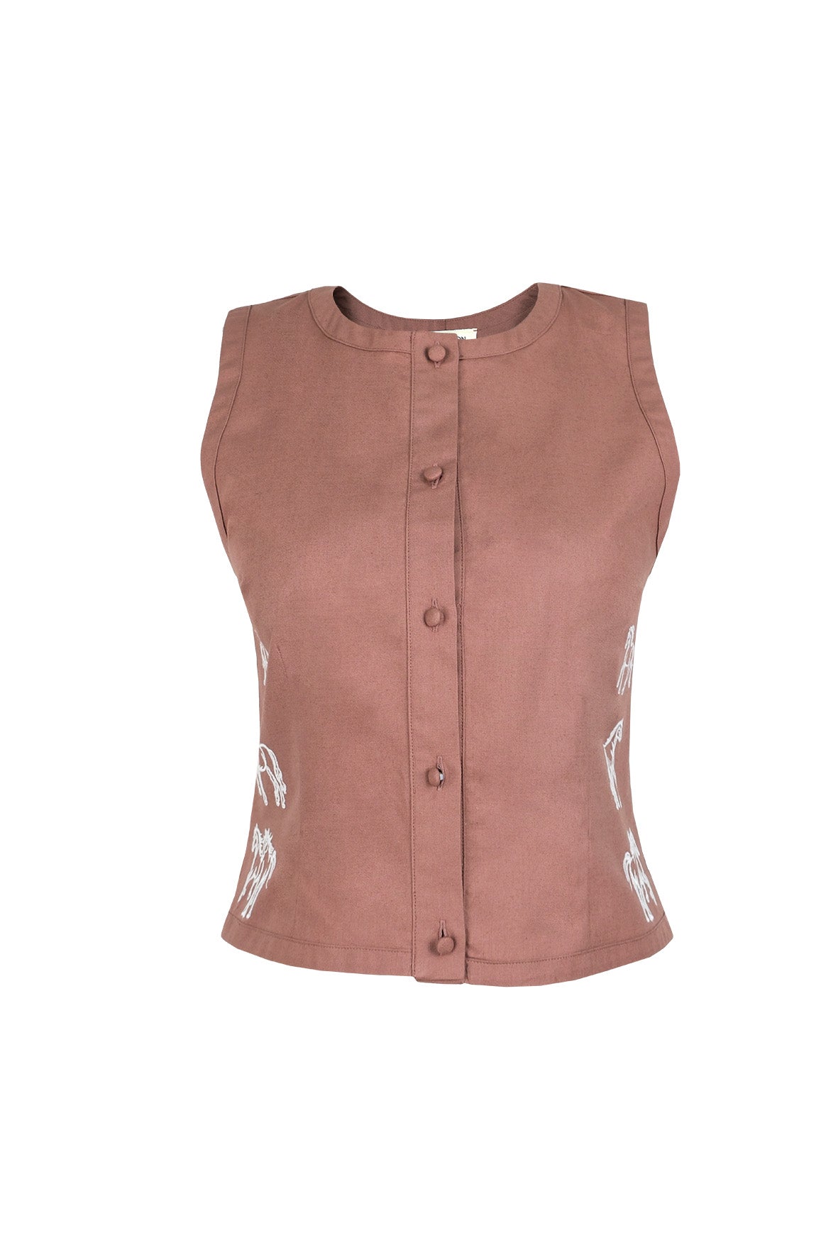 Fanm Mon Zumra horse embroidered sleeveless top in espresso with covered buttons