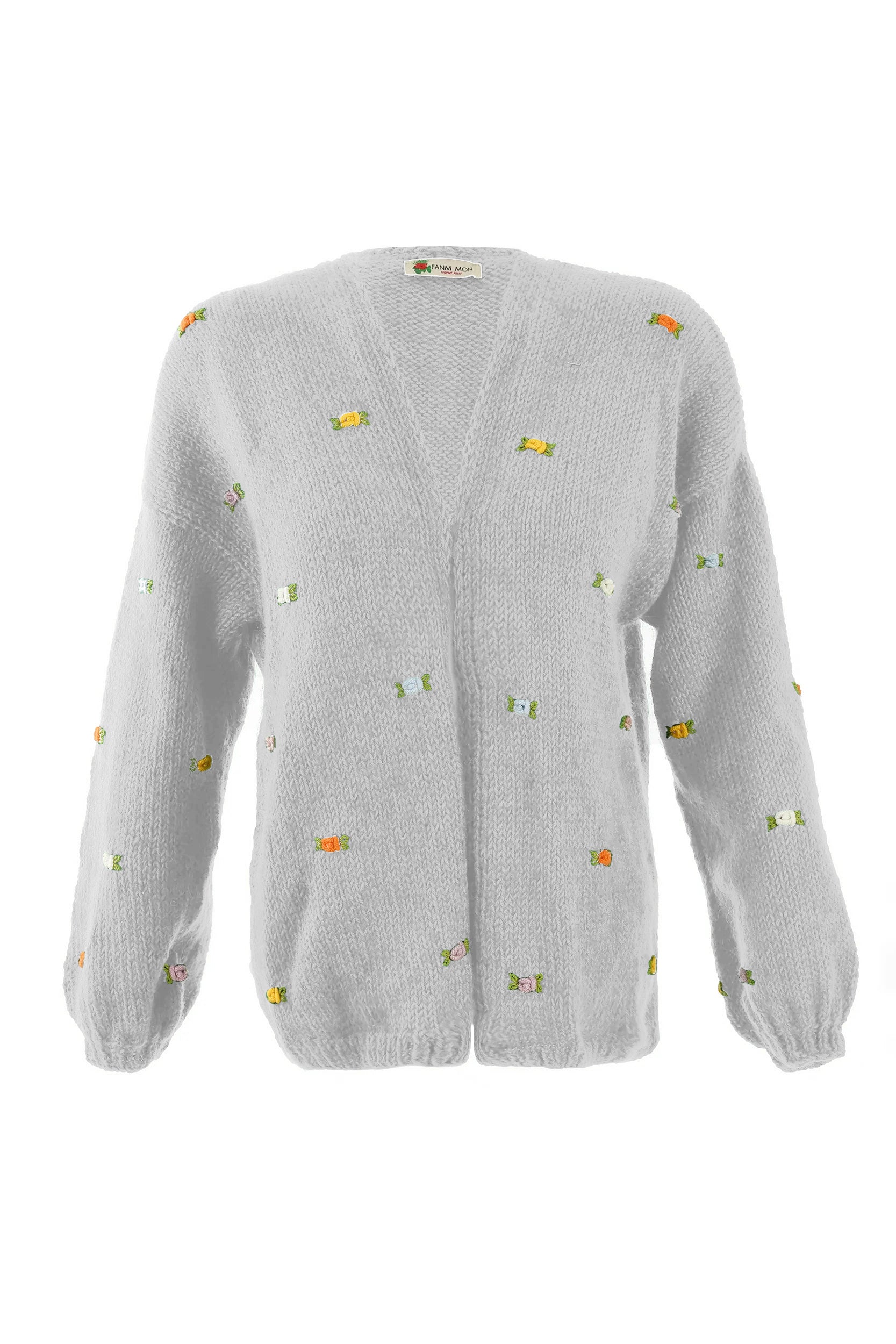 トップス Rose flower motif cardigan Gray Grey/pink Cardigan, Chunky Cropped Cardigan for Woman , Grey