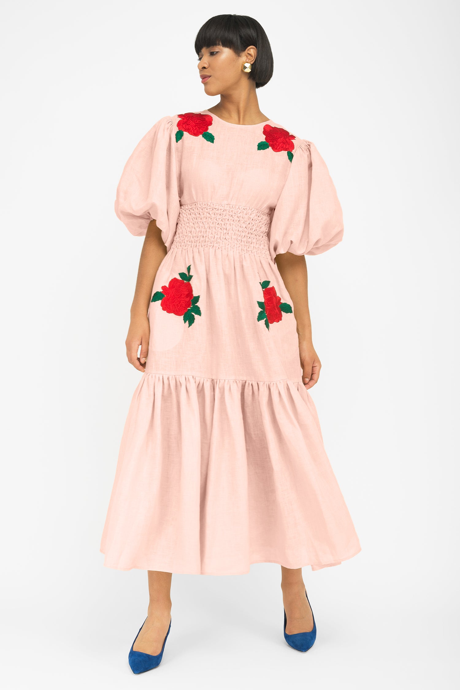 Embroidered ruffle sleeve outlet midi dress