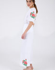 Maya Pant Set in White With Rose Floral Embroidery