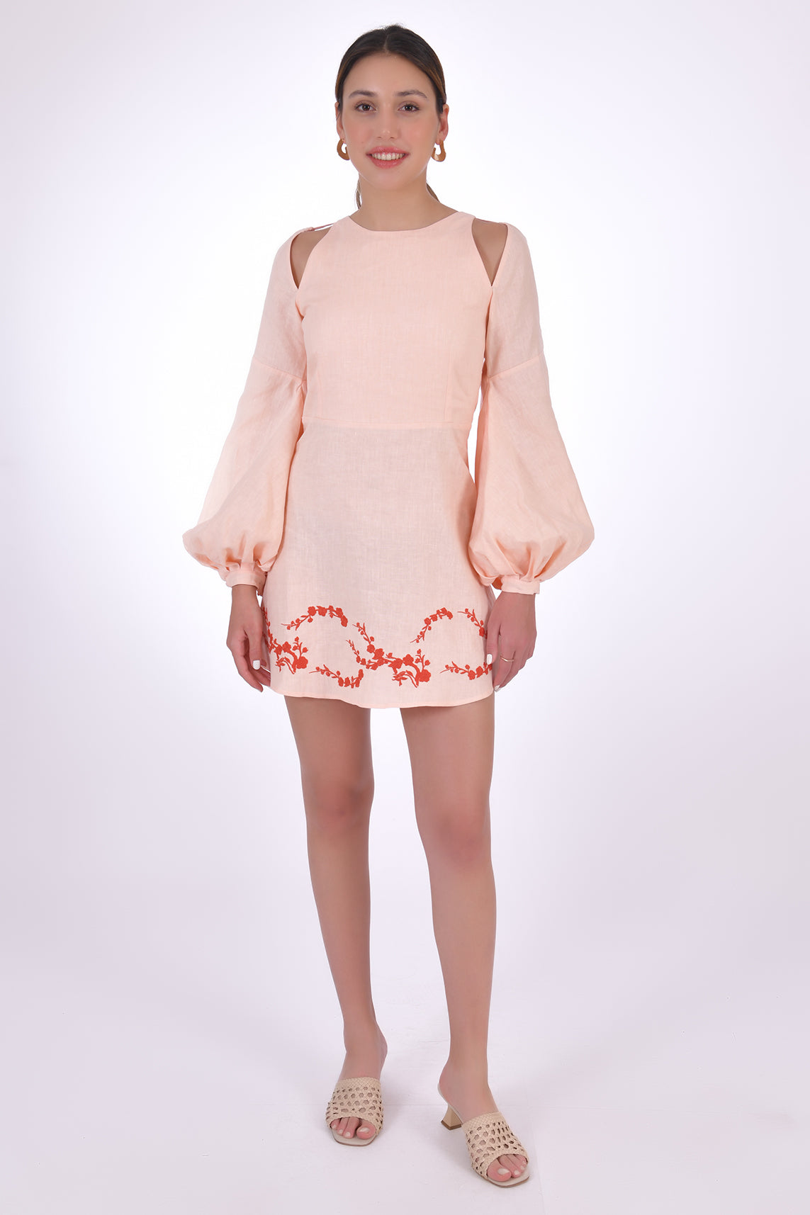 Fanm Mon Gizem Mini Long Sleeve Linen Dress, featuring embroidery on bottom hem. Front View.