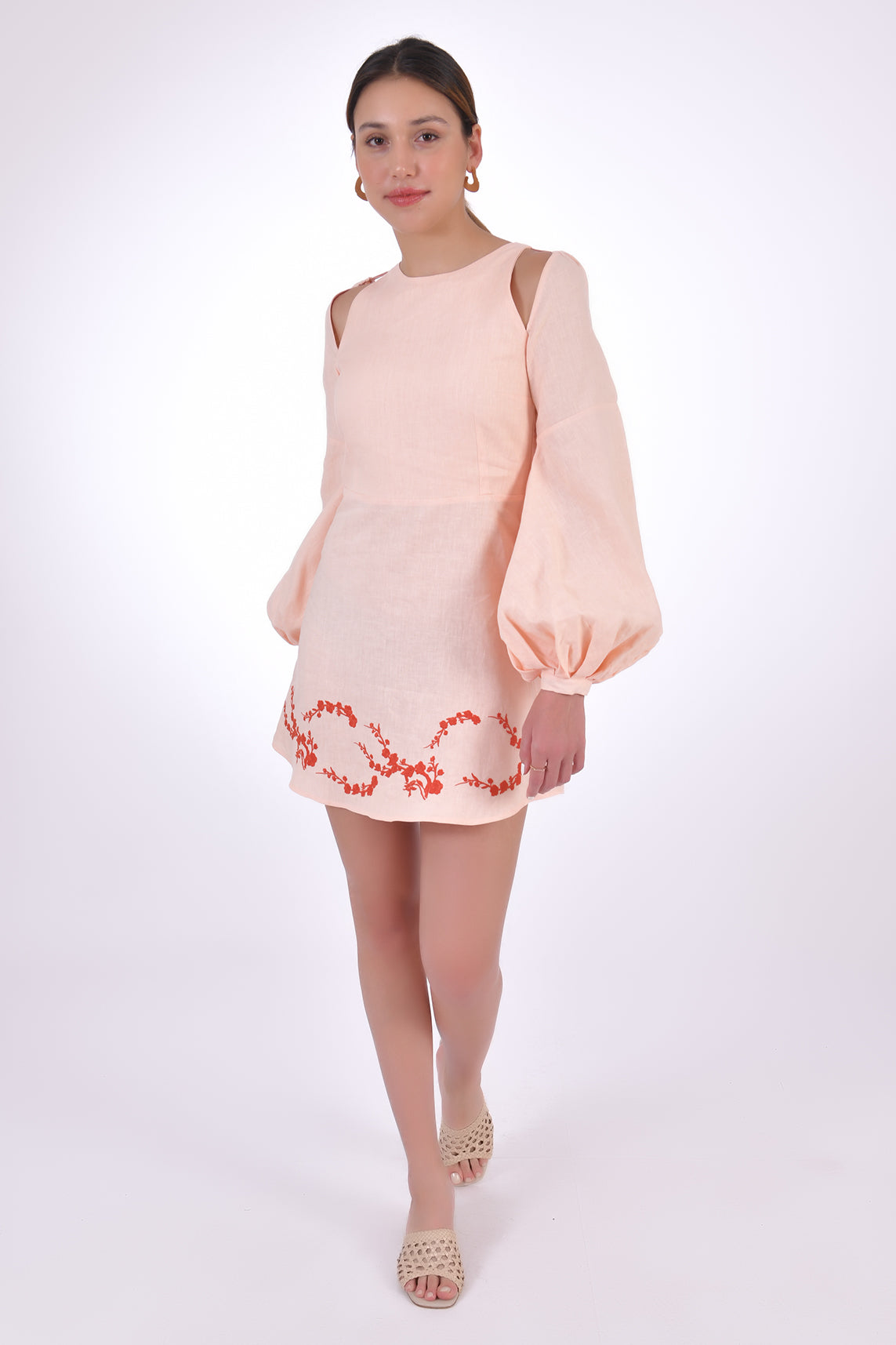 Fanm Mon Gizem Mini  Linen Dress, Made to Measure with puff sleeve and  featuring embroidery detail. Walking View. 