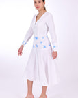 Fanm Mon Klare 100% Linen Dress. LongSleeve button front dress, side view. 