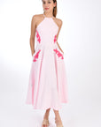 Fanm Mon Fuse Halter Linen Dress with embroidery detail. Front View.