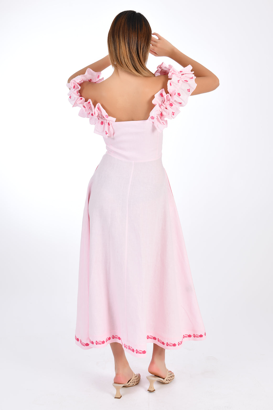 FANM MON ALYA LINEN DRESS. On/Off The Shoulder Hand-Embroidered Applique Midi Linen Dress, back view.