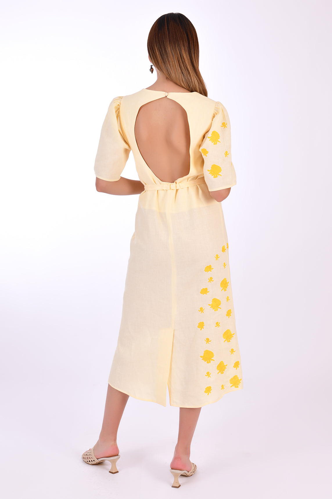 Fanm Mon Doga Midi Linen Dress, Back View Belted. Short Sleeve 100% Linen Dress, featuring a peephole open back and button closure. Round neck, with a belt for the waist (can be worn with or without), and features front embroidery detail.
