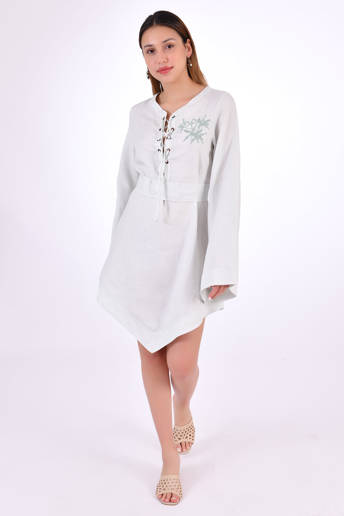 Fanm Mon Boze Dress, Front View alternative. Kaftan Style Linen Dress with wide kimono embroidered sleeves and handkerchief hem and tie front.  Easy slip-on wear,  mini length loose fit dress. 