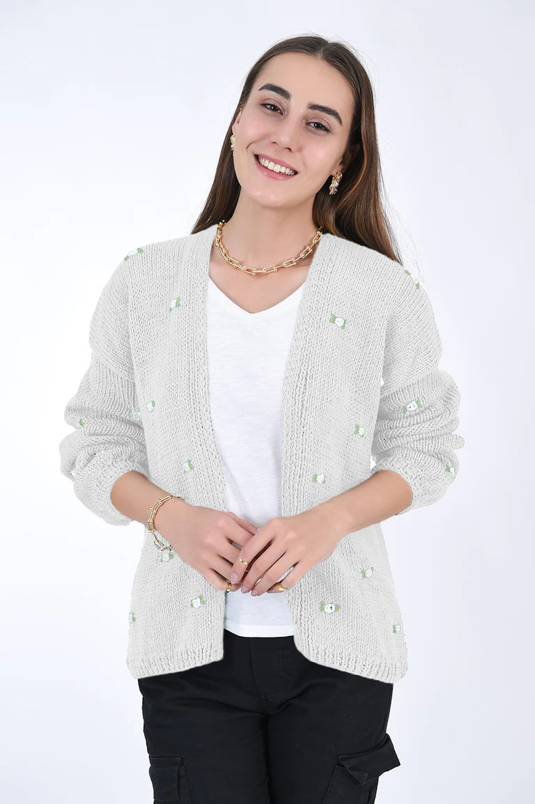 FANM MON | Winter Bloom White Rose Cotton Cardigan