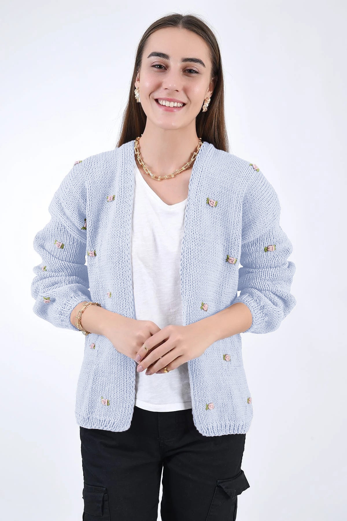 Rose flower motif cardigan 【white】 Women's 3D Flowers Embroidered Sweater V-Neck Button Down